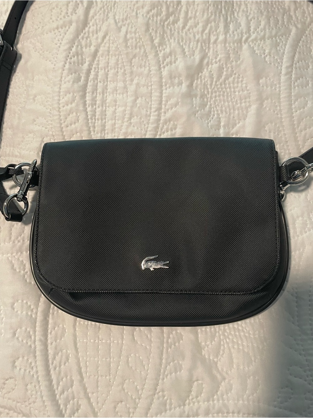 Lacoste Black Crossbody Shoulder Bag with Silver Crocodile Logo
